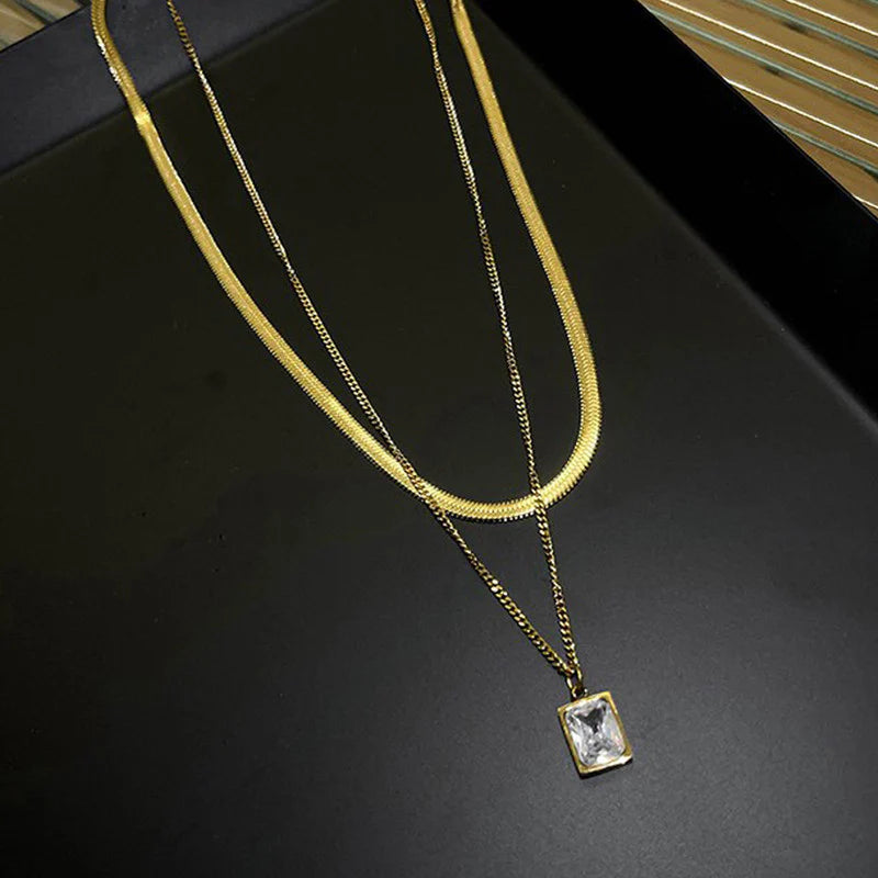 Gold-Plated anti Tarnish White Emerald Geometric Layered Necklace