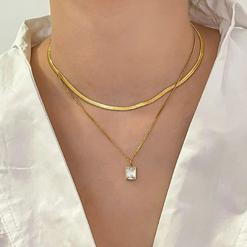 Gold-Plated anti Tarnish White Emerald Geometric Layered Necklace