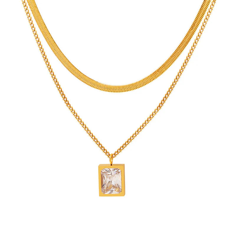 Gold-Plated anti Tarnish White Emerald Geometric Layered Necklace