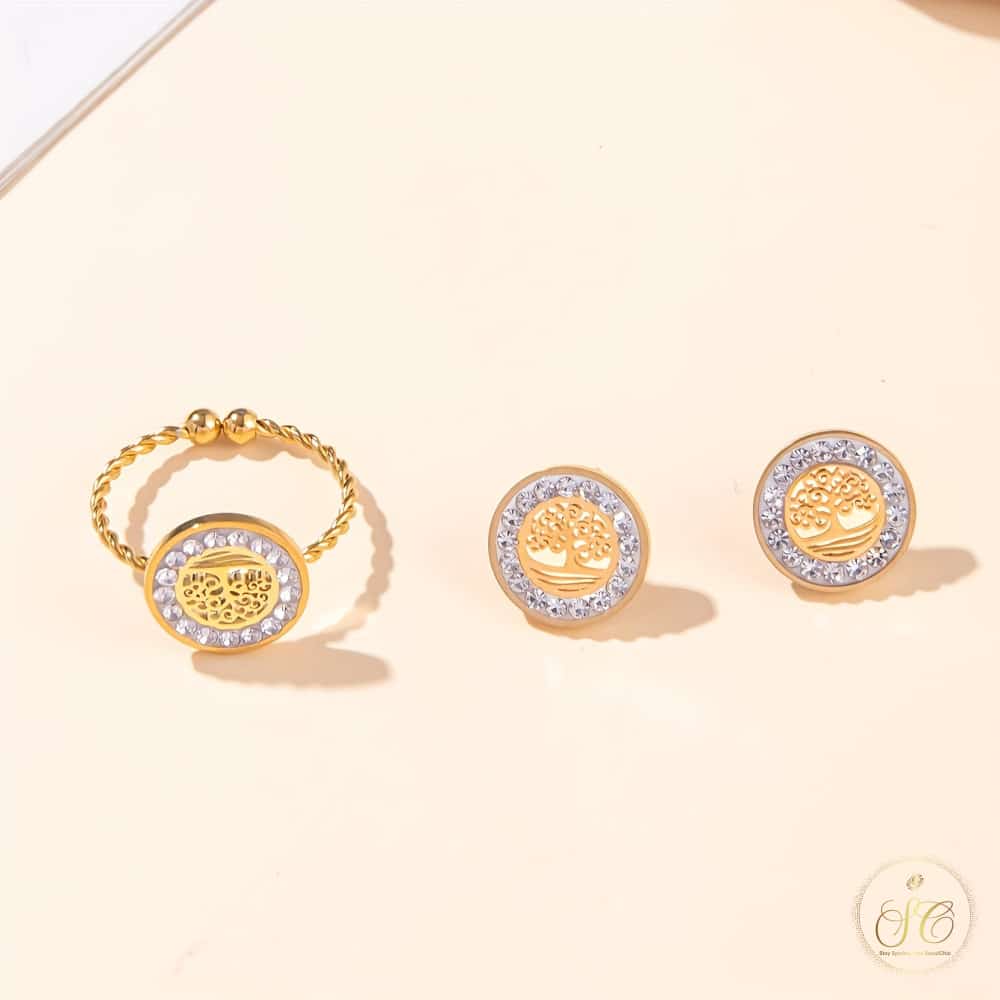 Modern 18K Gold Plated Inlaid Rhinestone Prosperity Tree Jewelry Set - SeoulChic.store