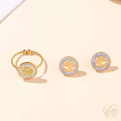Modern 18K Gold Plated Inlaid Rhinestone Prosperity Tree Jewelry Set - SeoulChic.store