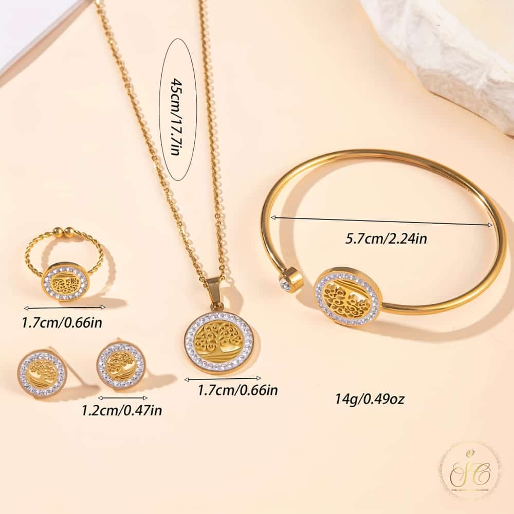 Modern 18K Gold Plated Inlaid Rhinestone Prosperity Tree Jewelry Set - SeoulChic.store