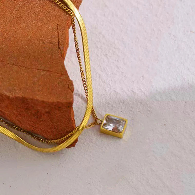 Gold-Plated anti Tarnish White Emerald Geometric Layered Necklace