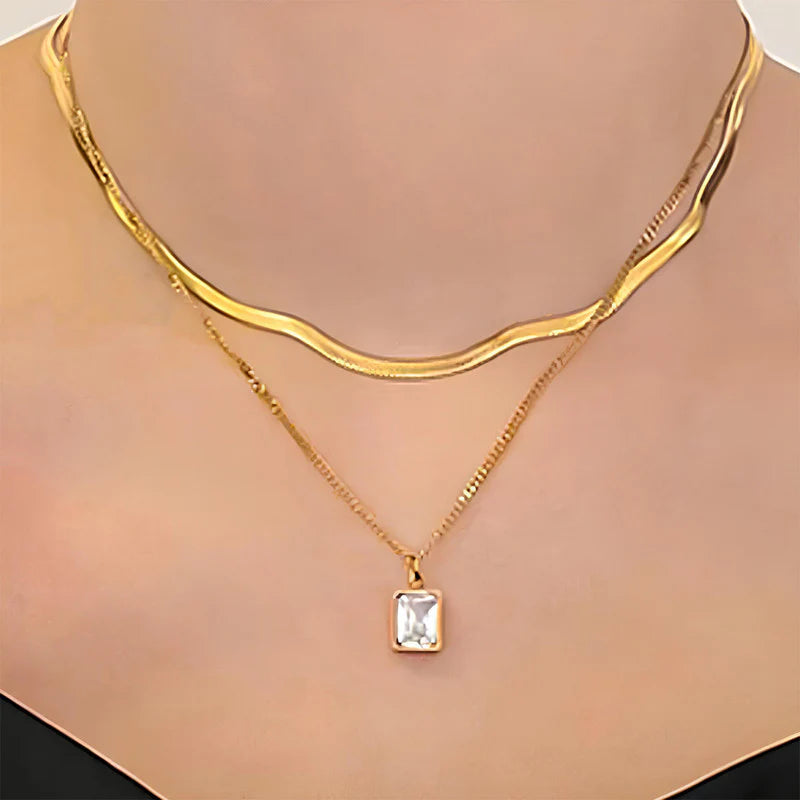 Gold-Plated anti Tarnish White Emerald Geometric Layered Necklace