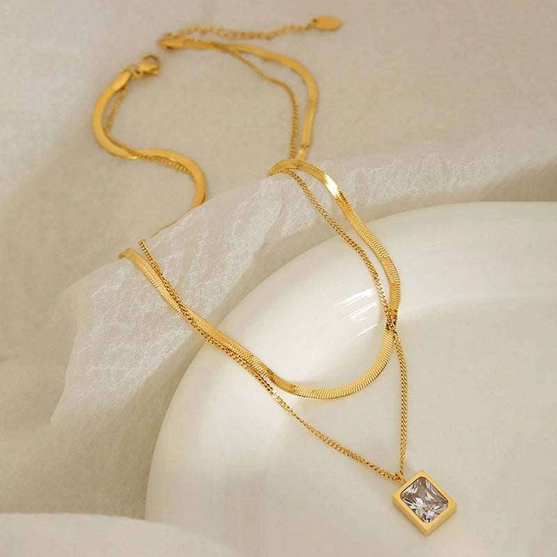 Gold-Plated anti Tarnish White Emerald Geometric Layered Necklace
