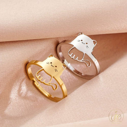 Refined Cute Adjustable Open Band Gold Plated Cat Ring - SeoulChic.store
