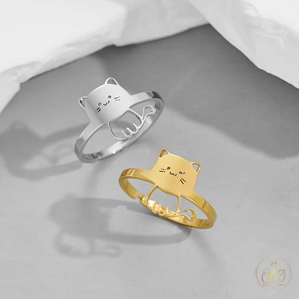 Refined Cute Adjustable Open Band Gold Plated Cat Ring - SeoulChic.store