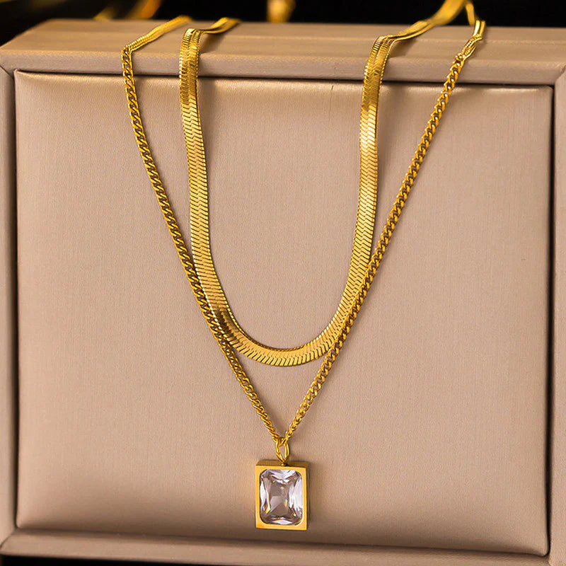 Gold-Plated anti Tarnish White Emerald Geometric Layered Necklace