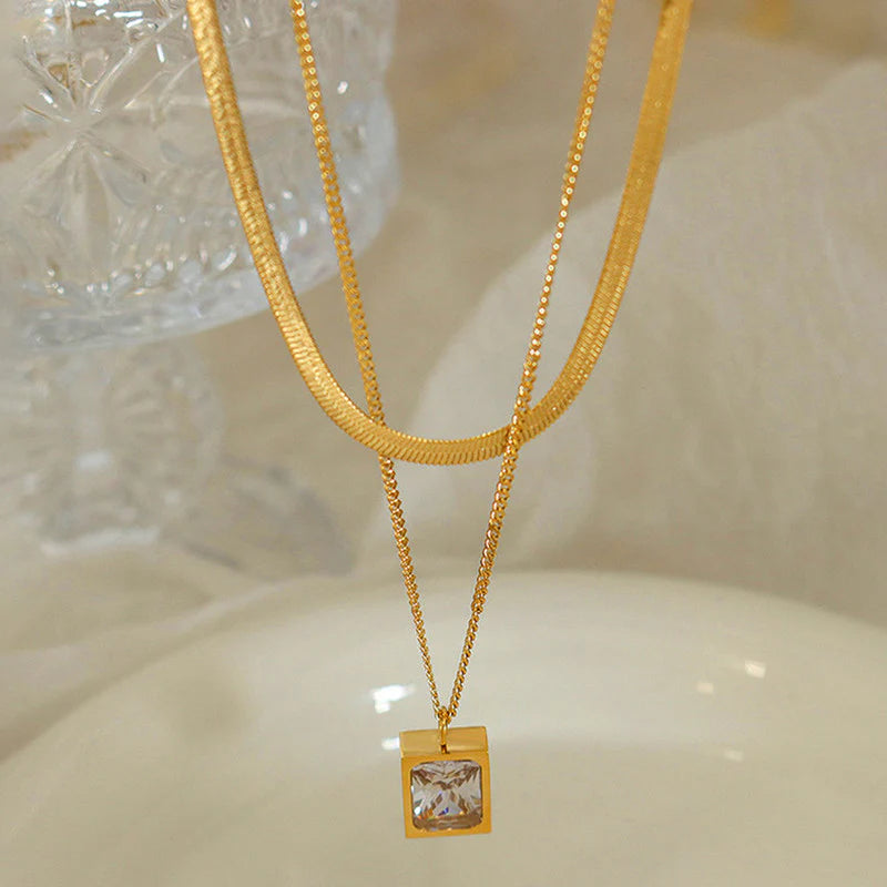 Gold-Plated anti Tarnish White Emerald Geometric Layered Necklace