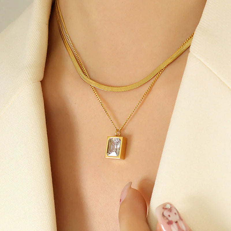 Gold-Plated anti Tarnish White Emerald Geometric Layered Necklace