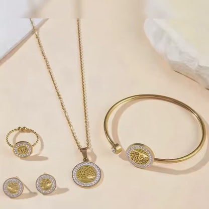 Modern 18K Gold Plated Inlaid Rhinestone Prosperity Tree Jewelry Set